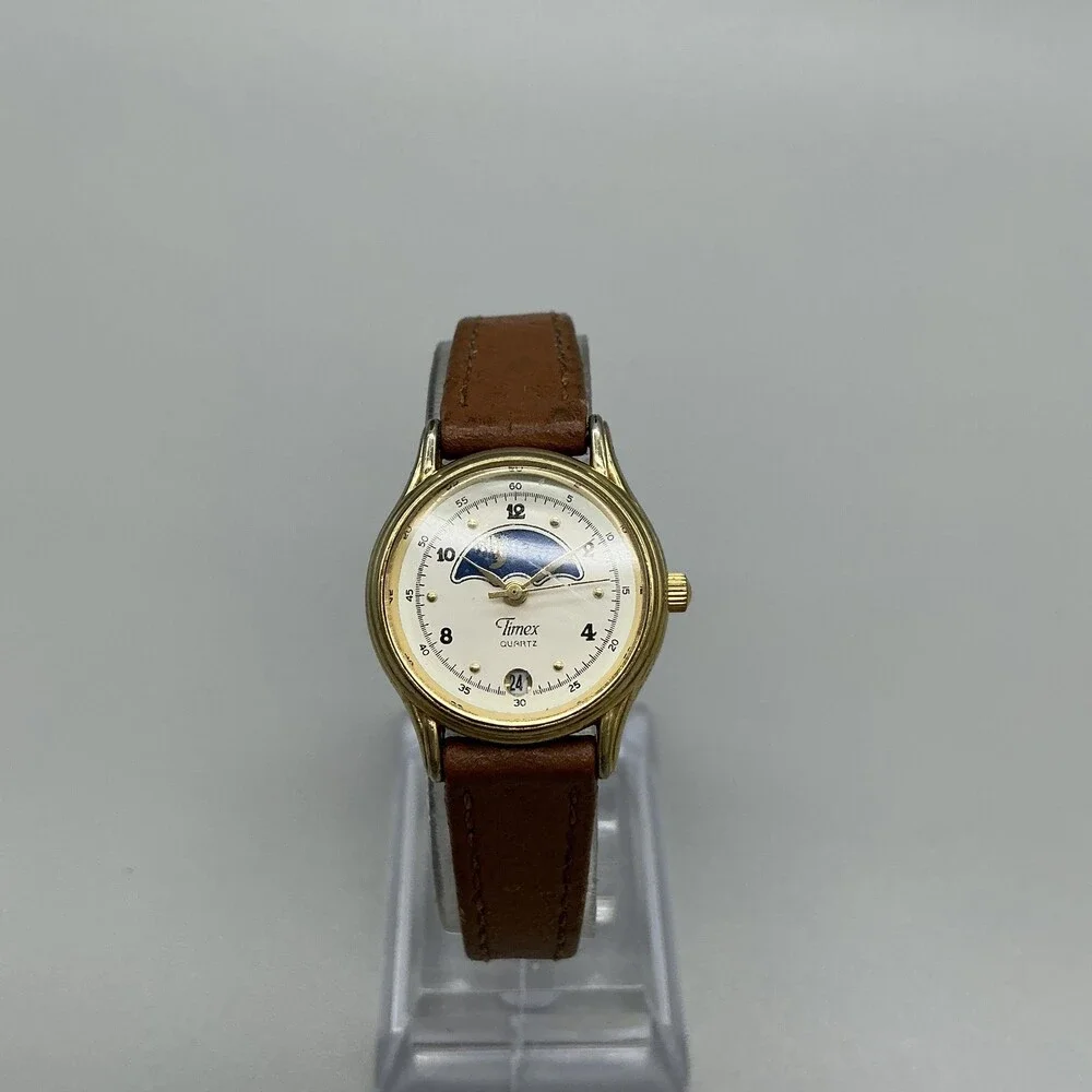 Vintage Timex Womens Watch 24mm Moon Phase Date Brown Leather New Battery